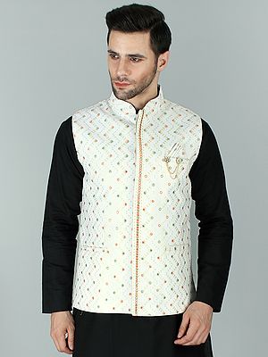 Bright-White Ethnic Nehru Jacket Waist Coat With Thread-Sequin And Mirror Work Embroidery