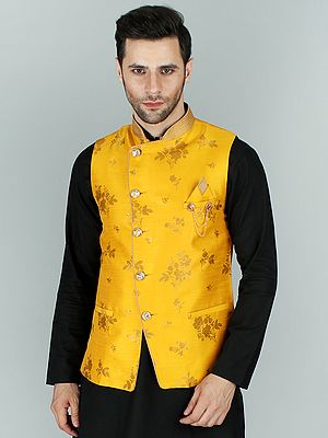 Old-Gold Brocaded Assymetric Modi Jacket Waist Coat With Crystal Buttons