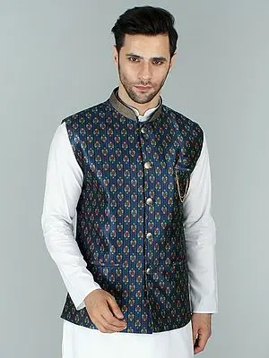 Poseidon Viscose Contrast Floral Printed Nehru Jacket Waist Coat