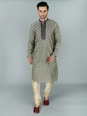 Rich Damask Kurta Pajama Set with Thread and Zari Work on Collar-Placket