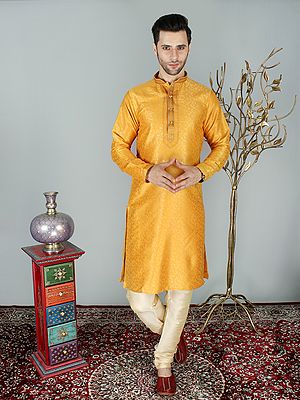 Brocaded Kurta Pajama Set with Floral Motif All-Over