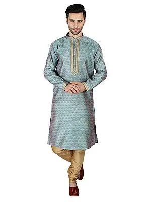 Jacquard Kurta Pajama Set with Zari Ornamentation on Placket