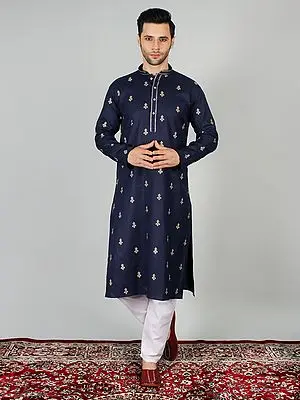 Evening-Blue Cotton Crest Embroidered Kurta Pajama Set