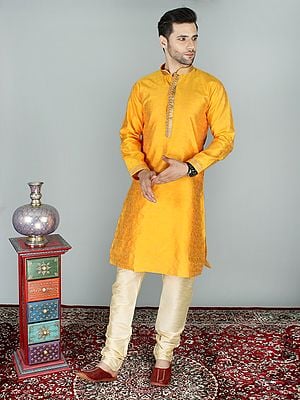 Jacquard Modish Ethnic Kurta Pajama Set With Zari Ornamentation At Collar-Placket And Rhinestone Buttons