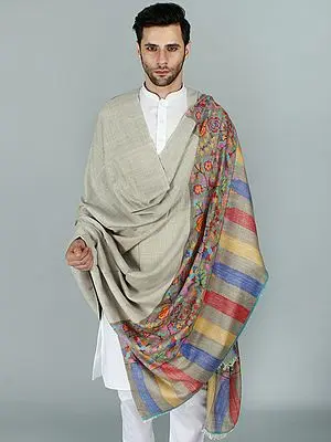 Simply-Taupe Pure Pashmina Shawl for Men With Flamboyant Kani Jamawar Kairy