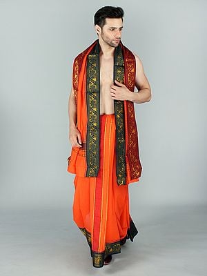 Turmeric Cotton Drape Dhoti and Veshti Set With Broad Elegant Woven Golden Border