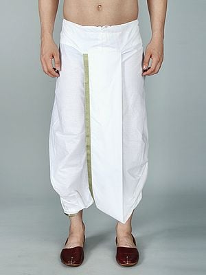 Bright-White Cotton Ready to Wear Dhoti with Woven Zari Patti from ISKCON Vrindavan by BLISS