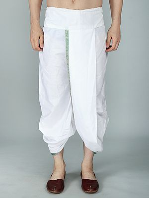 Bright-White Cotton Ready To Wear Dhoti With Woven Zari Patti from ISKCON Vrindavan by BLISS