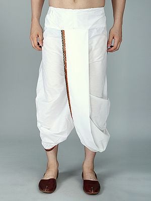Bright-White Cotton Ready To Wear Dhoti With Woven Zari Patti from ISKCON Vrindavan by BLISS