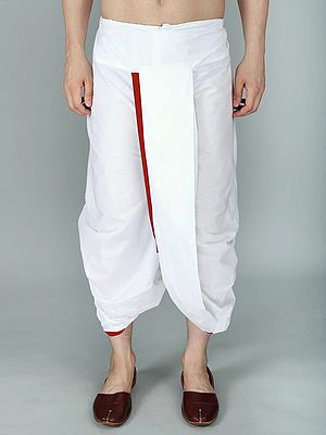 Bright-White Cotton Ready to Wear Dhoti with Woven Zari Patti from ISKCON Vrindavan by BLISS