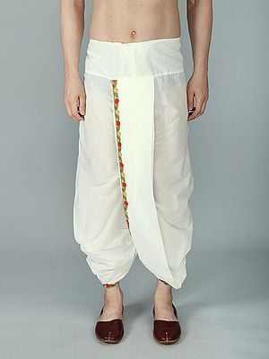 Bright-White Cotton Ready to Wear Dhoti with Woven Zari Patti from ISKCON Vrindavan by BLISS