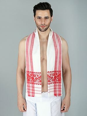 Red-White Assamese Gamosa with Traditional Motif