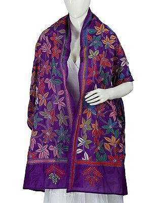 Kantha Stole With Multicolor Floral Embroidery From Bengal