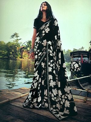 Moonless-Night Digital Printed Matka Silk Saree with Silver Zari Twill Border