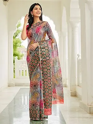 Stone-Blue Digital Floral Print Organza Saree With Contrast Woven Border