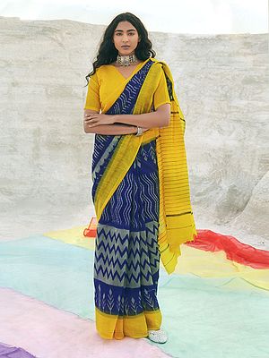 Beacon-Blue Pure Mulmul Cotton Ikat Weave Saree With Contrast Yellow Border
