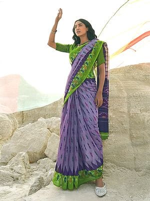 Very-Grape Pure Mulmul Cotton Ikat Weave Saree With Contrast Green Border