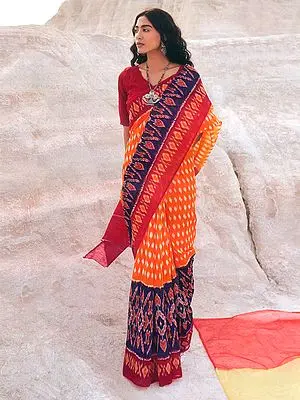 Autumn-Sunset Pure Mulmul Cotton Ikat Weave Saree With Contrast Indigo Border