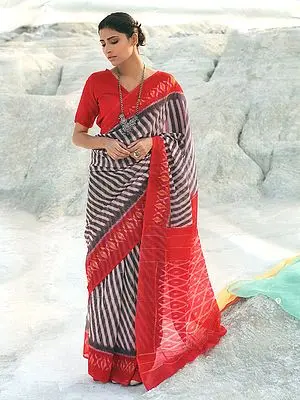 Gray-Flannel Pure Mulmul Cotton Ikat Weave Saree With Contrast Red Border