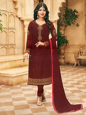 Scarlet-Smile Ayesha-Takia Straight Long Churidar Salwar Kameez Suit with Floral Zari-Stone Embroidery Work And Laser Cut Geometric Pattern Fabric