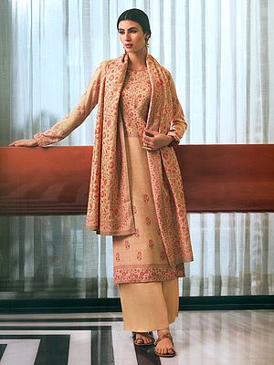 Almond-Cream Self Woven Poly Wool Kalamkaari Print With Sequin Embroidery Salwar-Kameez Suit