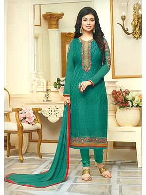 Teal-Blue Ayesha-Takia Straight Long Churidar Salwar Kameez Suit with Floral Zari-Stone Embroidery Work And Laser Cut Geometric Pattern Fabric