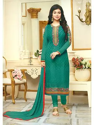 Teal-Blue Ayesha-Takia Straight Long Churidar Salwar Kameez Suit
