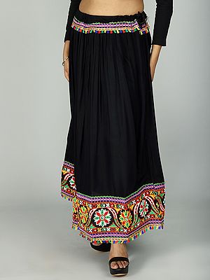 Kutchi Rabari Ghagra Skirt with Multicolor Thread Embroidered Tassel Border Patch and Mirrors from Jodhpur