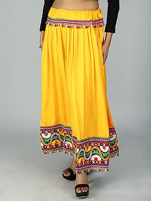 Kutchi Rabari Ghagra Skirt with Multicolor Thread Embroidered Tassel Border Patch and Mirrors from Jodhpur