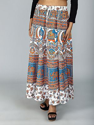 Sanganeri Long Skirt With All Over Floral And Elephant Printed Motif