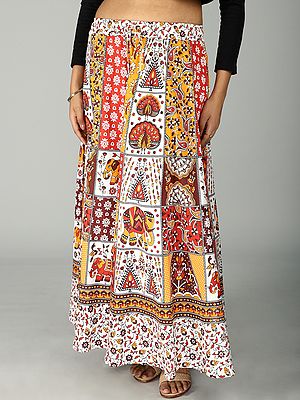 Sanganeri Long Skirt with All Over Floral and Elephant Printed Motif