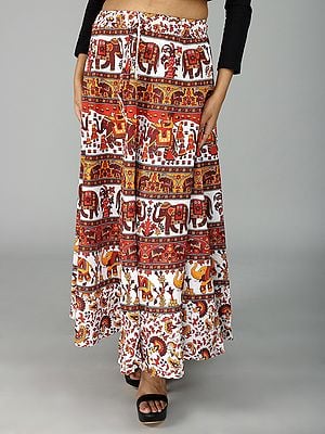 Sanganeri Long Skirt with All Over Floral and Elephant Printed Motif