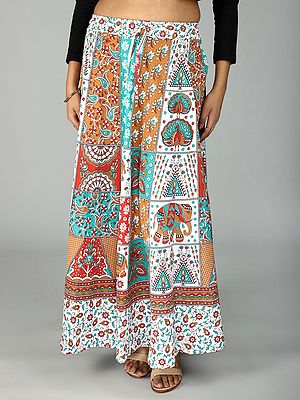 Sanganeri Long Skirt with All Over Floral and Elephant Printed Motif