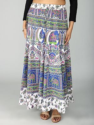 Lucent-White Sanganeri Wrap Around Long Skirt With All Over Floral And Elephant Printed Pattern