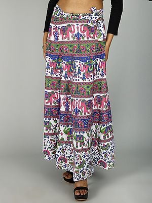 Lucent-White Sanganeri Wrap Around Long Skirt with All Over Floral and Elephant Printed Pattern