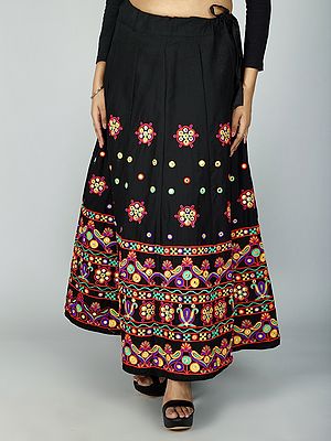 Floral Motif and Mirror Work Embroidered Ghagra Skirt from Gujarat