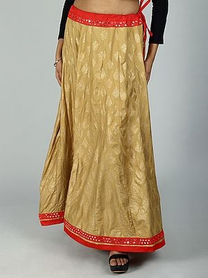 Golden Floral Printed All-Over Pattern And Mirror Work Embroidered Patch Border Ethnic Skirt from Gujarat