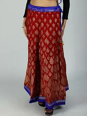 Golden Floral Printed All-Over Pattern and Mirror Work Embroidered Patch Border Ethnic Skirt from Gujarat