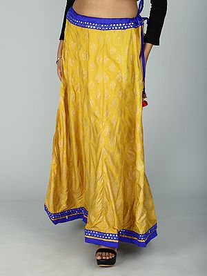Golden Floral Printed All-Over Pattern and Mirror Work Embroidered Patch Border Ethnic Skirt from Gujarat