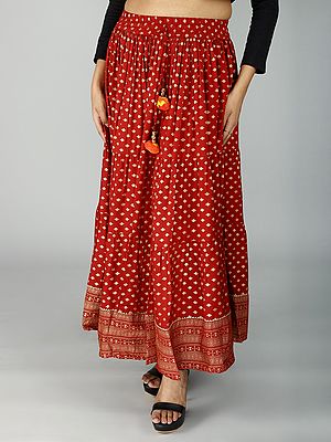 All-Over Golden Motif Print Ethnic Skirt from Gujarat With Dori