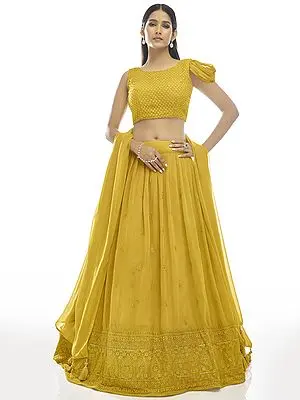 Honey-Gold Georgette Sequin-Thread Floral Embroidered Lehenga with Designer One-shoulder Choli