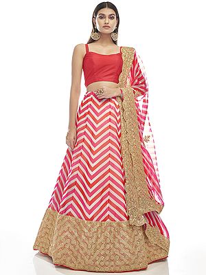 Love-Potion Chevron Printed Dori-Sequin Embroidered Organza Lehenga with Designer Art Silk Choli