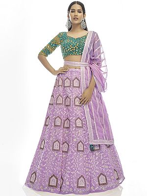 Super-Pink Zari-Sequin Embroidered Georgette Lehenga With Designer Contrast Soft Net Choli