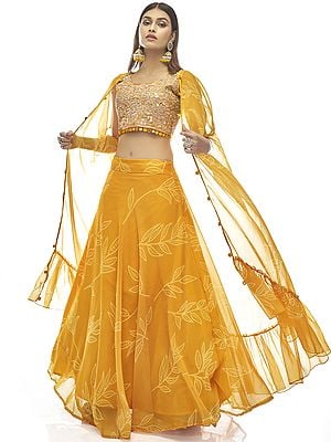 Marigold Printed Dori - Gota Work Organza Lehenga with Designer Heavy Choli and Ruffle Jacket Dupatta