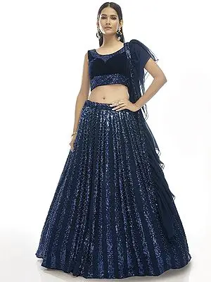 Blueprint Panelled Sequin-Pearl Work Lehenga With Designer Velvet Choli And Ruffled Dupatta