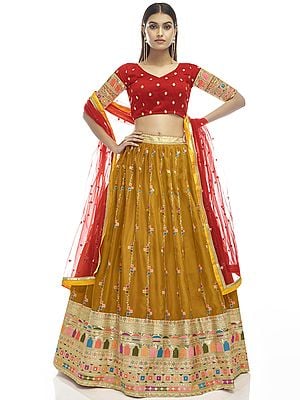 Inca-Gold Sequin-Gota Work Satin Georgette Lehenga With Designer Contrast Red Choli And Soft Net Embroidered Dupatta