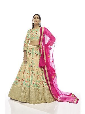 Marzipan Contrast Floral Thread-Sequin Work Art Silk Lehenga With Designer Choli And Soft Net Embroidered Dupatta
