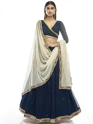 Deep-Cobalt Lace-Zari Embroidered Georgette Lehenga With Designer Angrakha Style Choli And Mukaish Work Dupatta