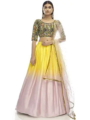 Sequin-Gota Work Satin Georgette Lehenga with Aztec Pattern Gota Embroidered Choli and Soft Net Sequin Lace Dupatta