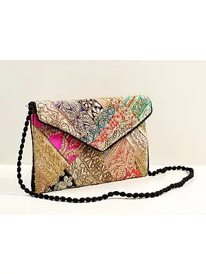 Multicolored Zari Sequin Embellished Handcrafted Clutch Bag with Damru Dori from Jaipur